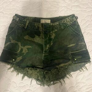 Free People Commander Cutoff Denim Camo Shorts